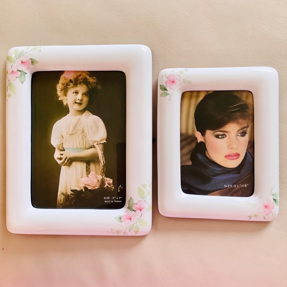 Two matching Picture Frames 5x7” & 31/2x5 “ White, Pink Floral Vintage